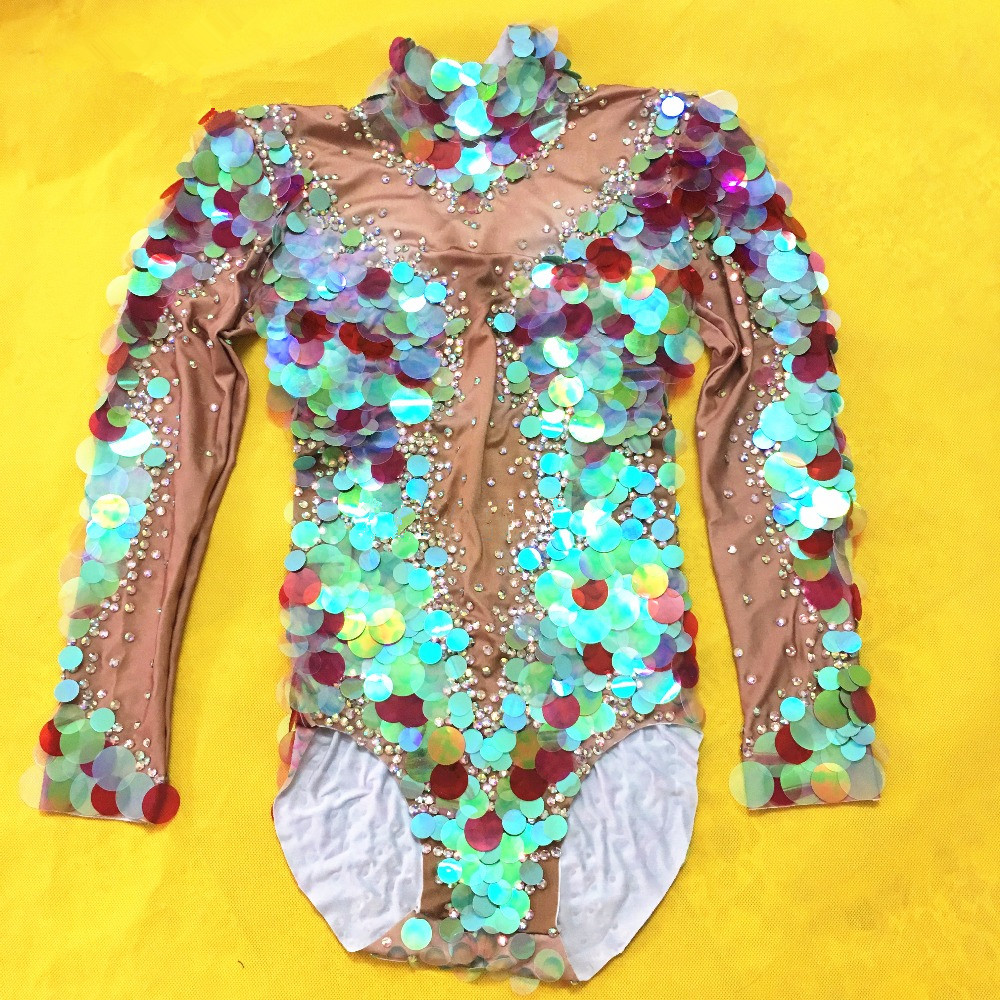 Multicolor Big Sequins Mermaid Bodysuit Nightclub Dress Sexy Leggings Jumpsuit Party Costume Stage Rhinestones Nude Rompers