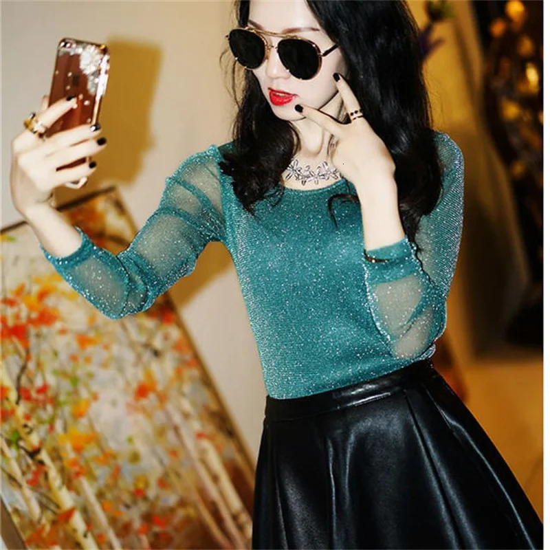 Spring and summer womens sexy see through mesh shirt long sleeved transparent shiny elegant shirt fashionable womens top DF2417 250102