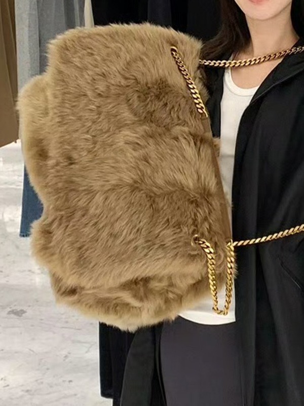 Plush Embellished Chain Shoulder and Hand Carry Big Bag for Ladies