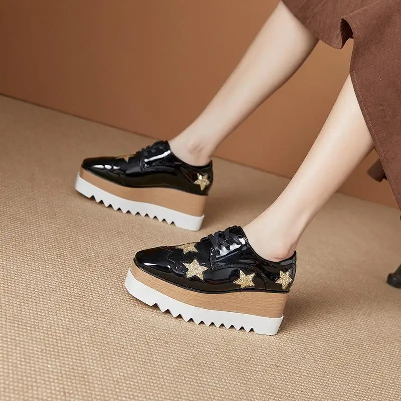 Slim and Versatile Spring Star Thick Sole Sponge Cake Casual Shoes Lace Up Slope Heel Womens British Style HZB 250219