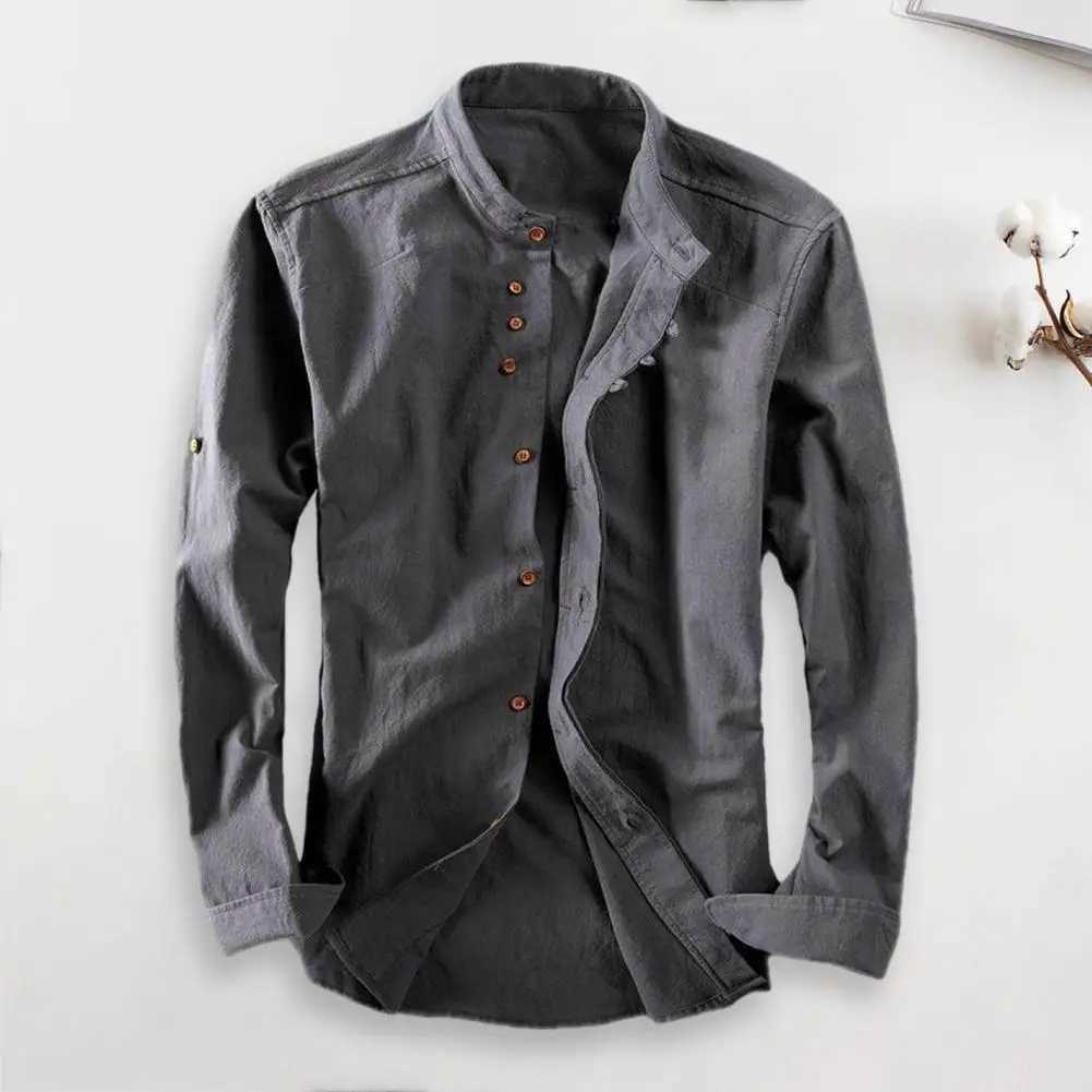 Mens linen cotton shirt cotton linen stand collar long sleeved slim fit mens casual shirt single chest classic office shirt W250103