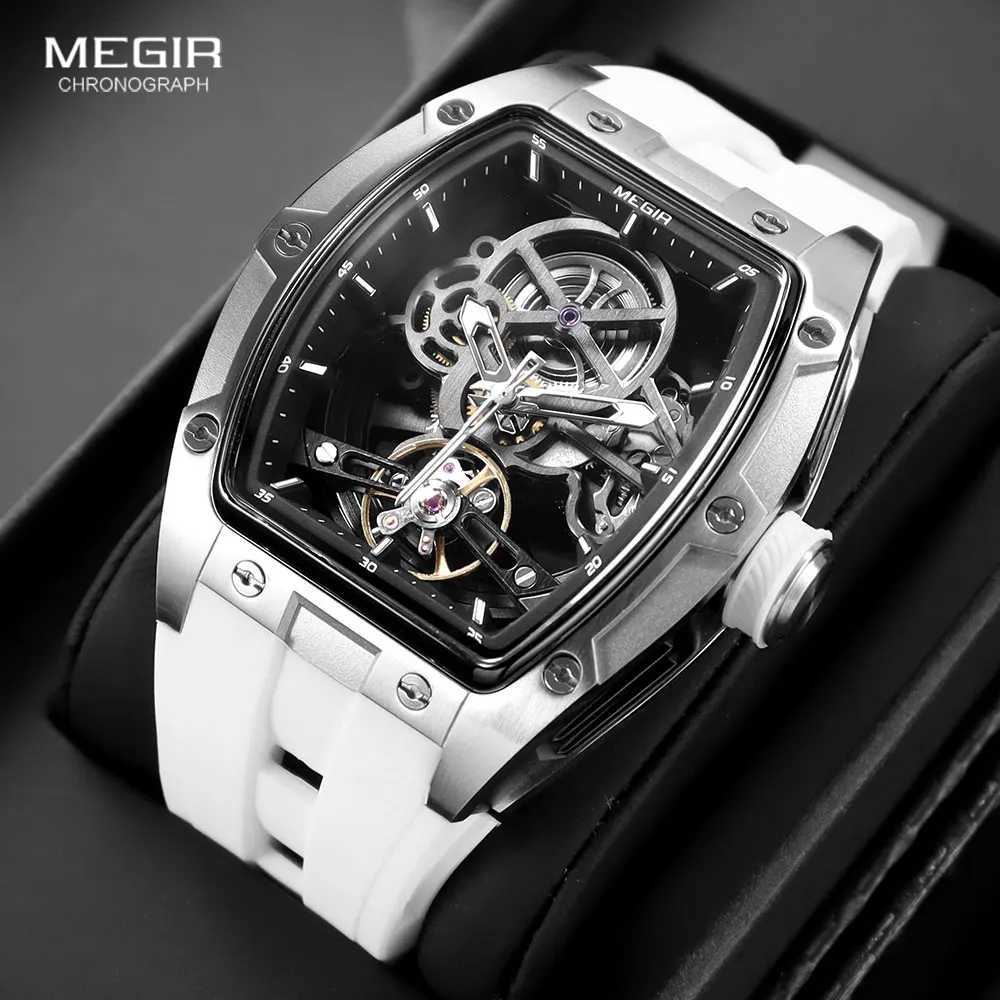 Wristwatches MEGIR 2242 Mens Mechanical Fashion Military Sports Simulation Automatic Watch with White Sile Strap and Tonneau Dial S250926