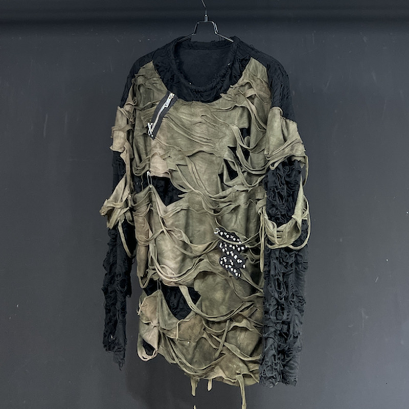 PFHQ Worn-Out Men's T-Shirts Round Collar Loose Hole Zipper Patchwork Long Sleeve Casual Fake Two-Piece Male Tees Spring 21Z9082