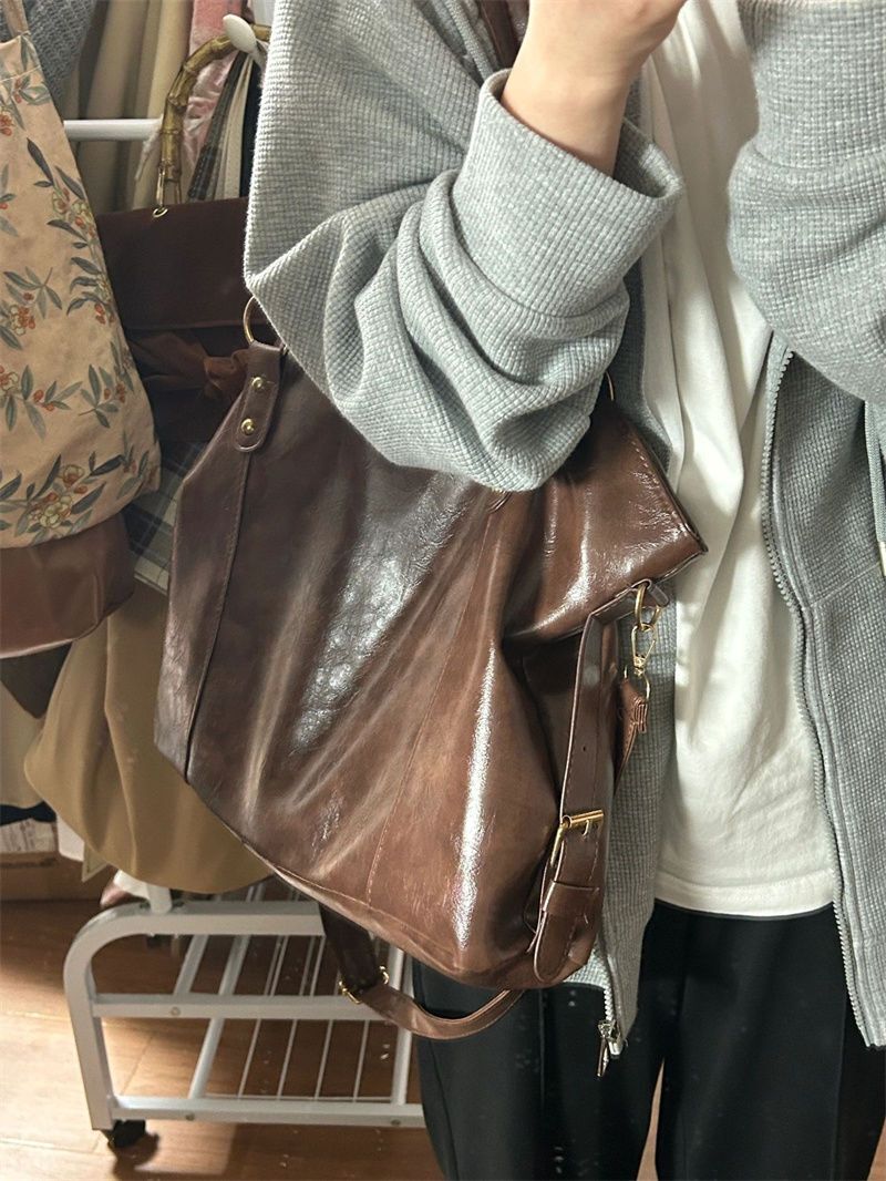 Miyagawa Autumn Winter New Niche Tote Retro Soft Leather Brown Large Capacity Commuting Bag Women Elegant Shoulder Bags