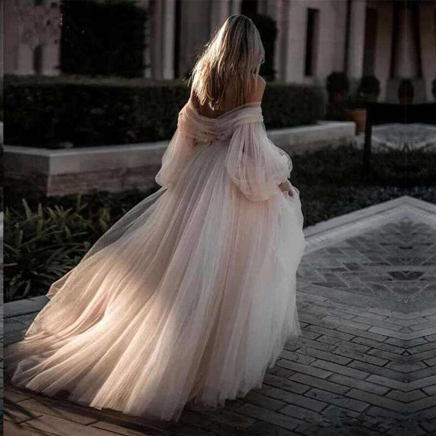Champagne Long Sleeves Tulle Bohemia Beach Dresses Off Shoulder A E Ruched Country Wedding Bridal Gowns Bc2430