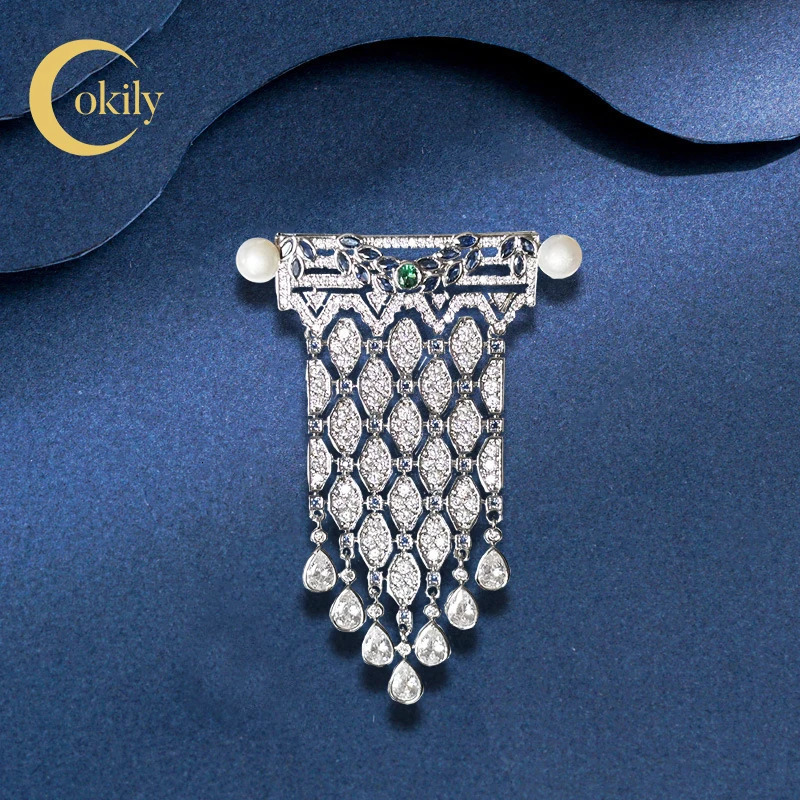 OKILY Retro Style Exquisite Zircon Tassel Brooch Elegant Freshwater Pearl Geometry Clothing Accessories for Womens Decor 250103