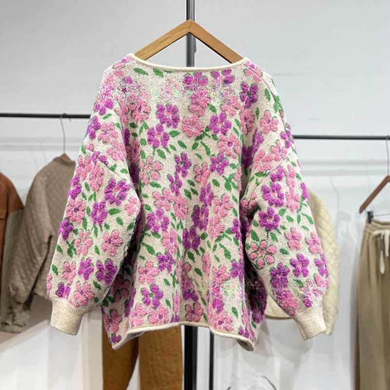 Autumn and winter knitted cardigan wool womens flower sweater knitted jacket round neck single chest knitted loose fit suitable for casual sweaters M2