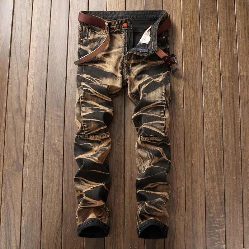 Mens Fashion Jeans Streetwear Trendy Retro Trouser Men Paint Different Color Straight Cut Tie Dye Biker Denim Vintage Pant Male 241230