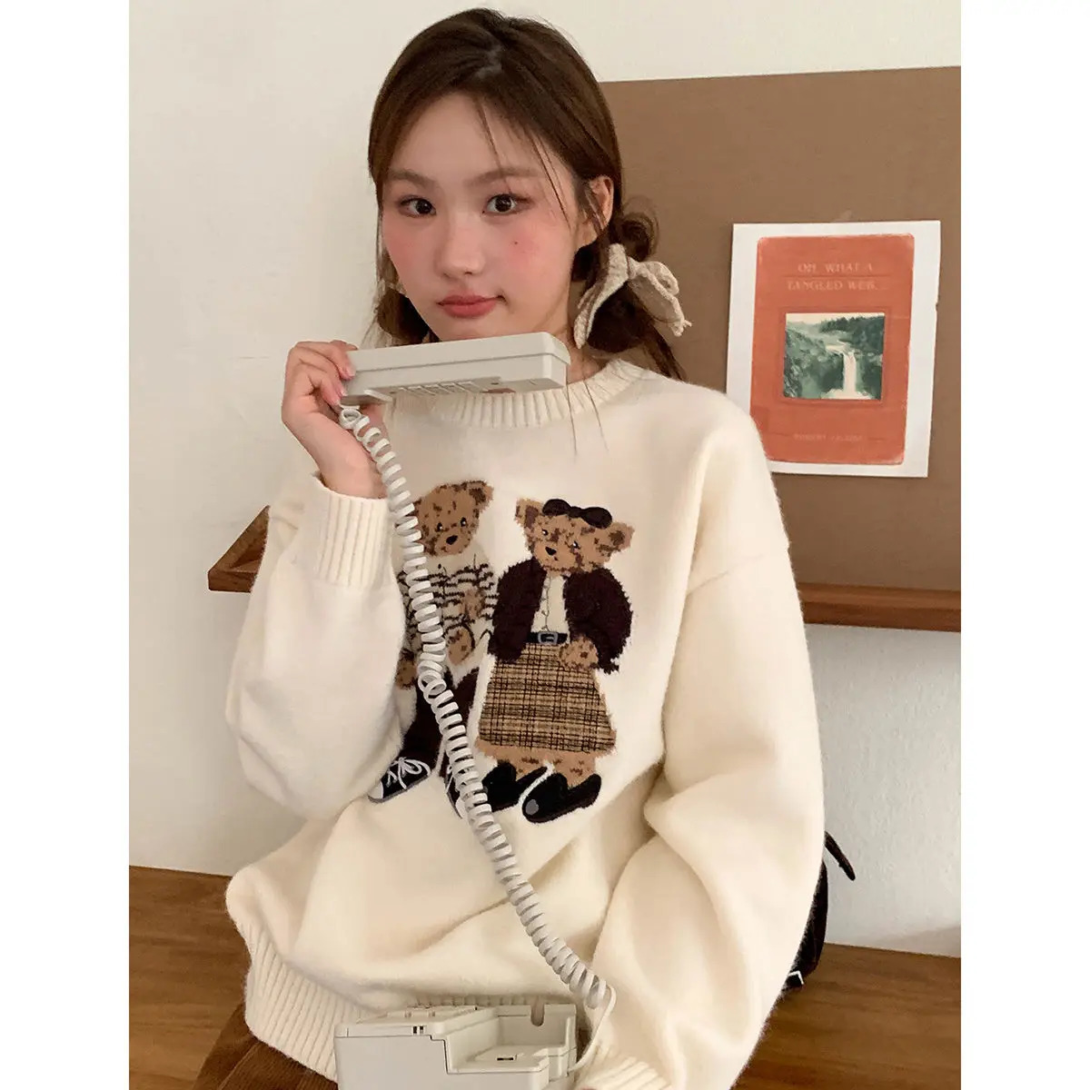 Fashion Lovely Women Cartoon Jacquard Sweater Loose Retro Jumper Winter Autumn Cute Bear Pattern Sweaters Pullover Korean Trendy 241227