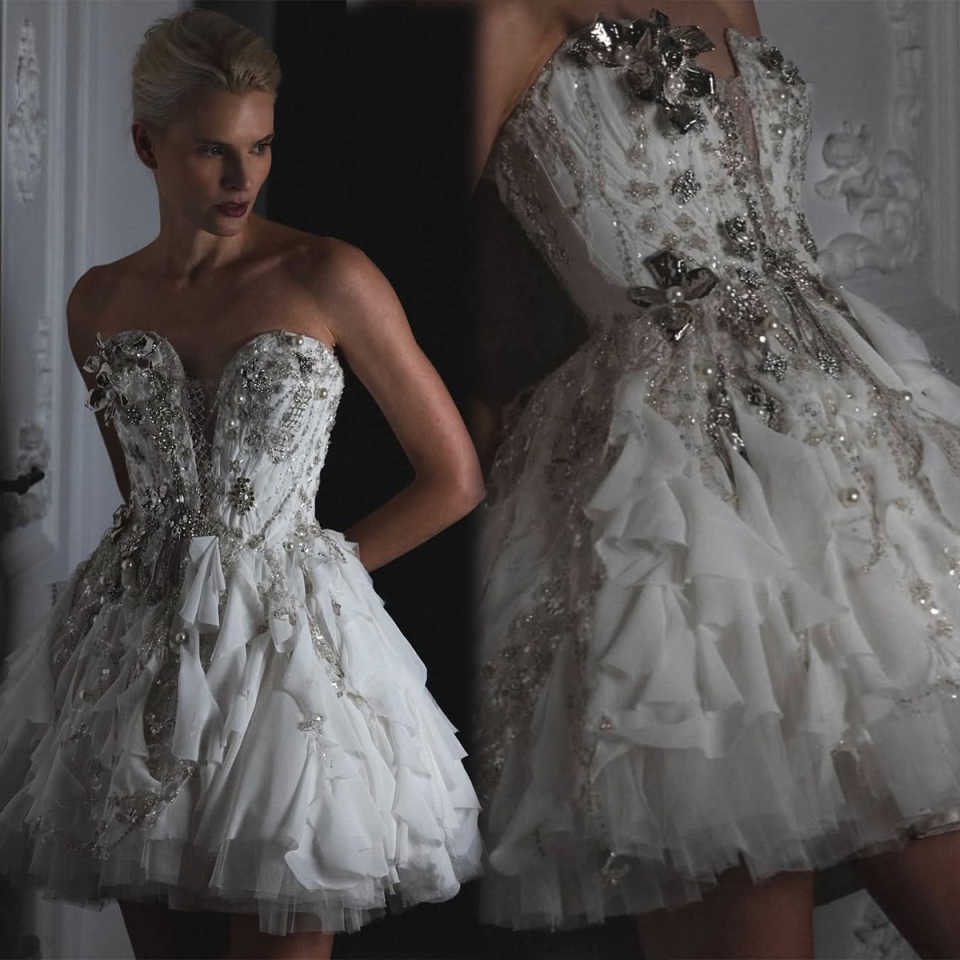 Elegant Wedding Dresses A Line Sequins Strapless Backless Appliques Beaded Above-Knee Length Party Dress Vestido De Noite Custom Made