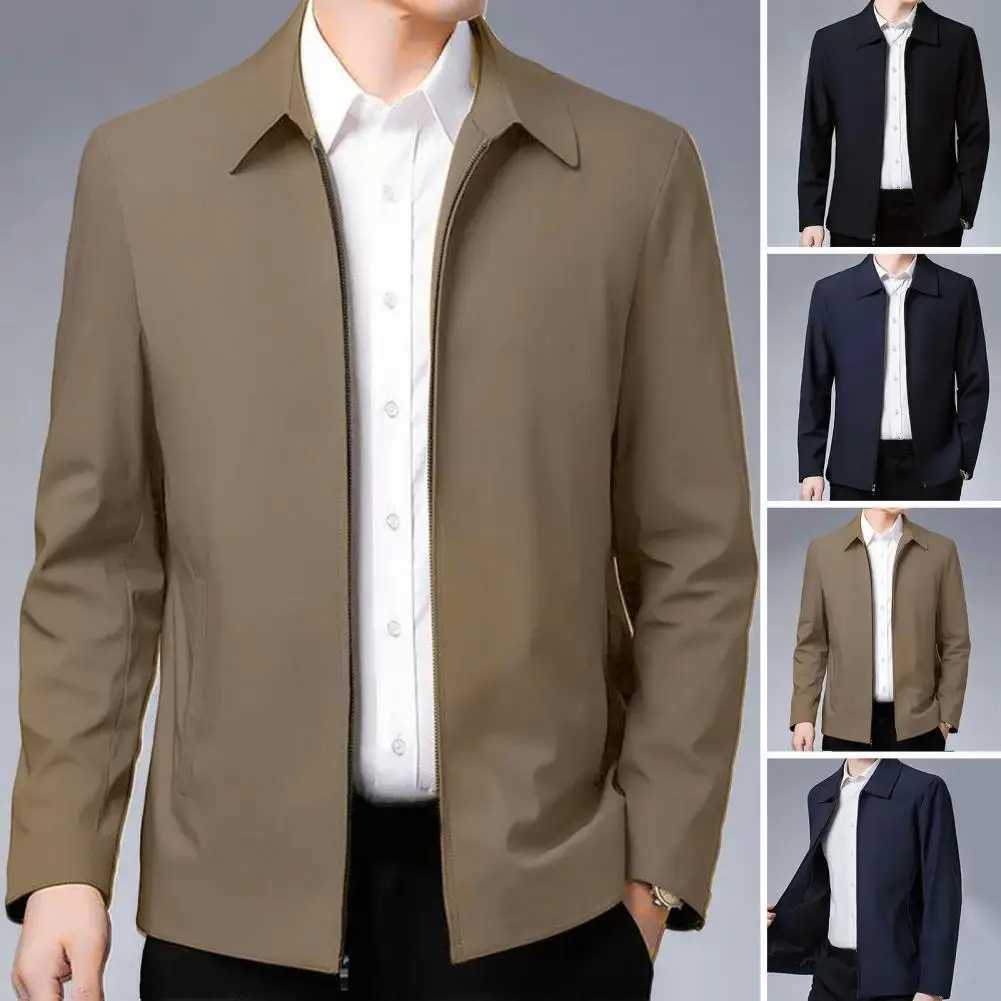 Zipper pocket mens jacket elegant middle-aged and elderly mens lapel jacket fashionable zipper closure straight fit soft formal W250103