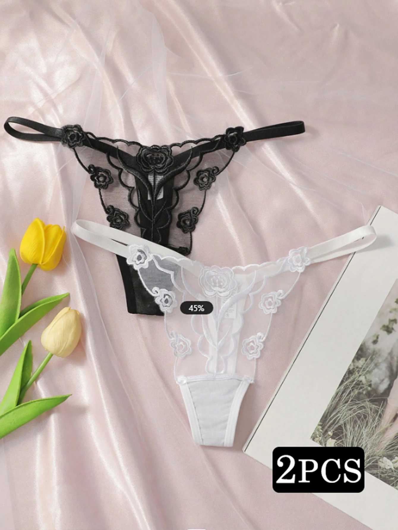 2pcs Ladies New Lace Sexy Black And White Embroidered Flower Print Sexy Set Thong Underwear C2648XJ250103