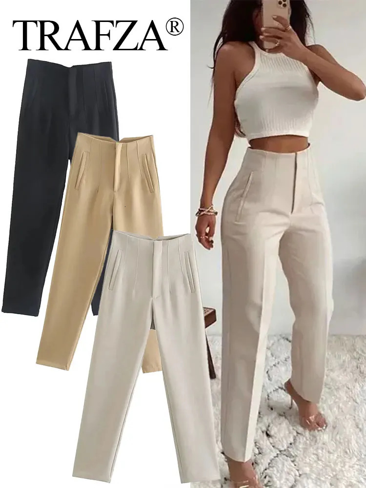 TRAFZA Woman Solid Trouser High Waist Slim Zipper Fly Long Pants Female Wild Commute Office Lady Pencil Pant Street 250102