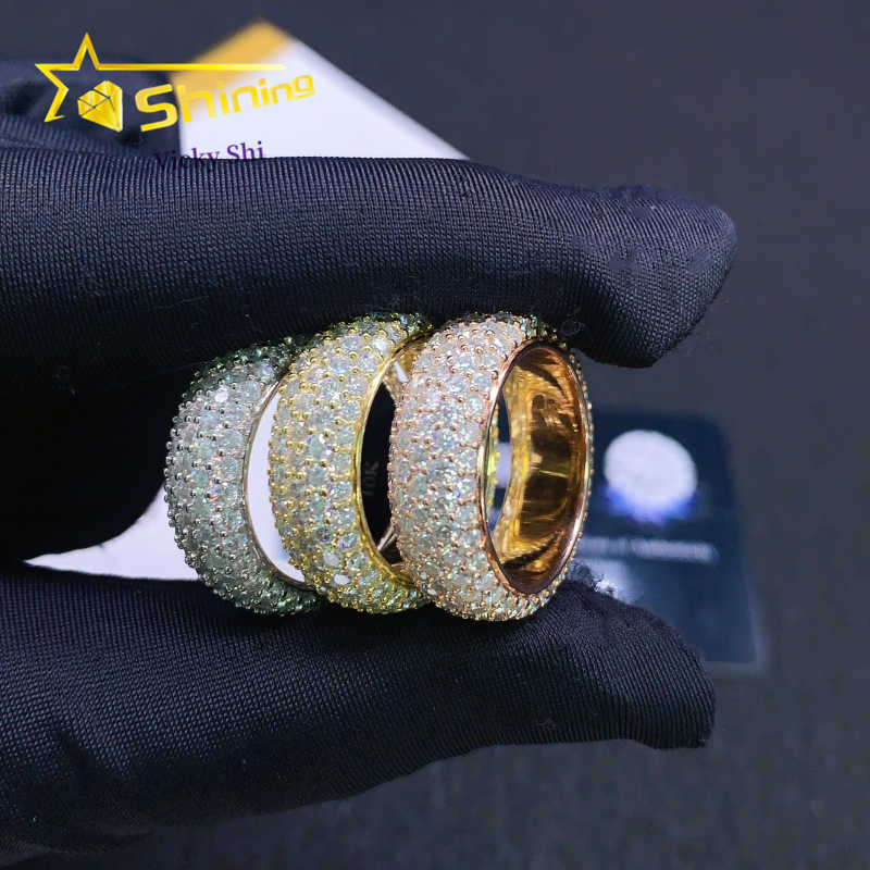 Shining full of diamond 5 rows moissanite diamond ring men 925 sterling silver gold plated hip hop ring finger rings