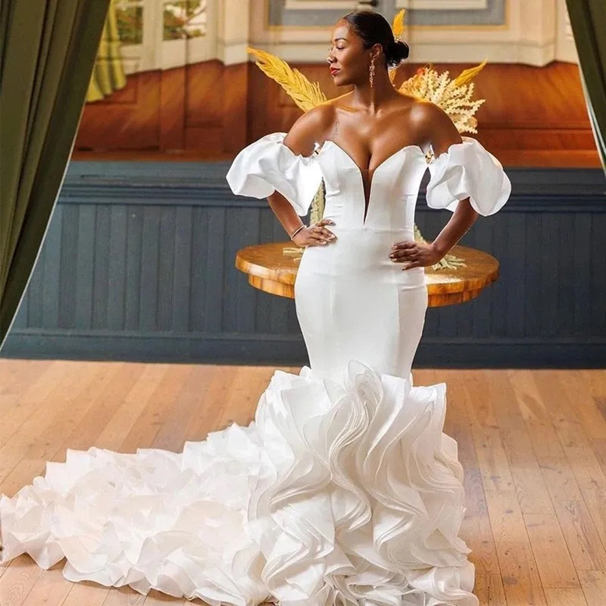 Cascading Ruffles Mermaid Wedding Dresses for Black Bride Sweet Heart Off Shoulder African Bridal Gowns robes de mariee