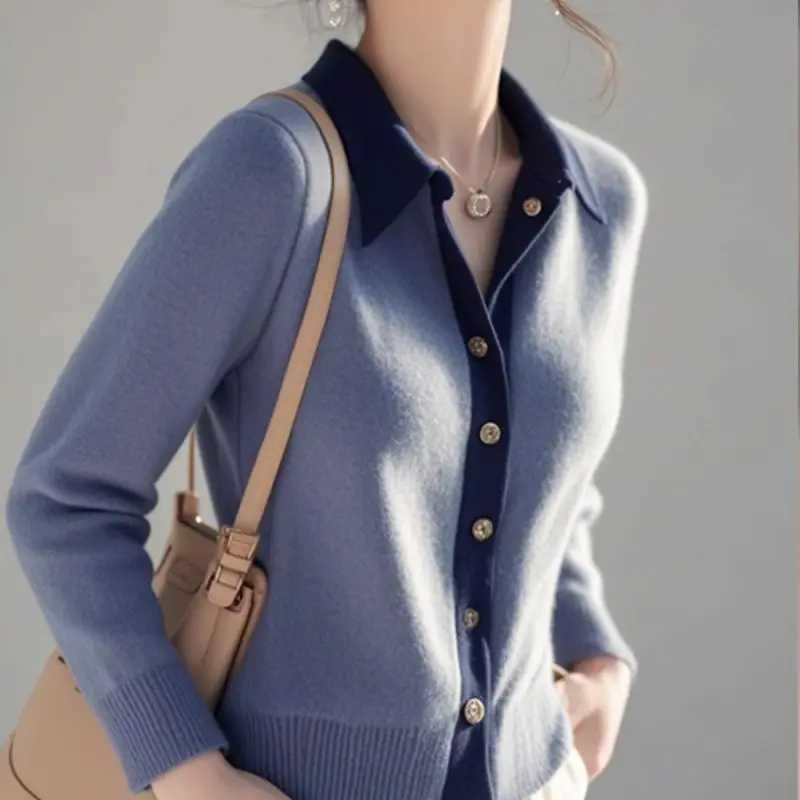 Polo collar knitted cardigan womens autumn and winter simple office womens solid color sweater trend fully matched knitted top M250102
