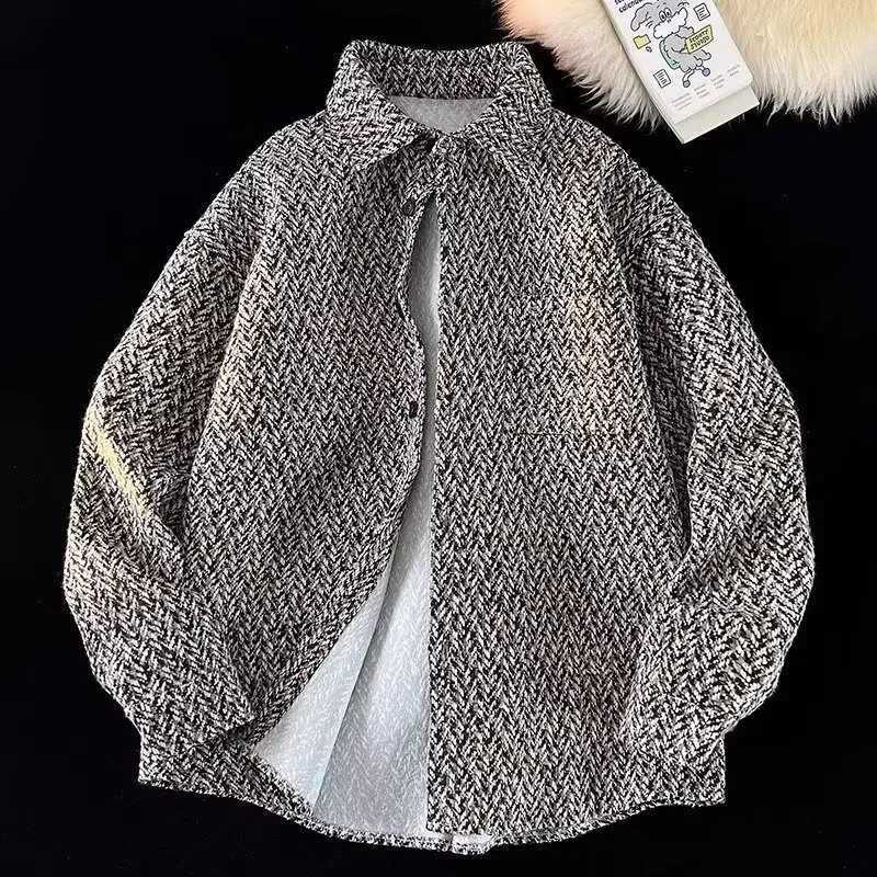 Autumn Vintagetweek Style Checkered Shirt Mens Korean Fashion Loose Fit Knitted Casual Collar Top W250103