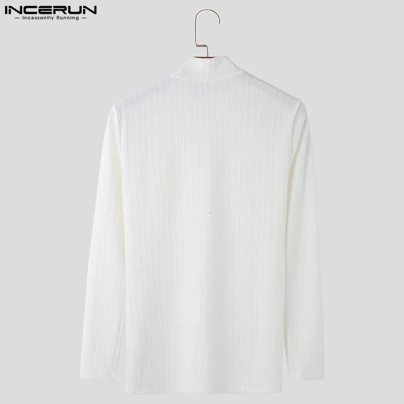 INCERUN Men T Shirt Striped Mesh Patchwork Turtleneck Long Sleeve Men Clothing Streetwear 2024 See Through Fashion Camsietas 250102