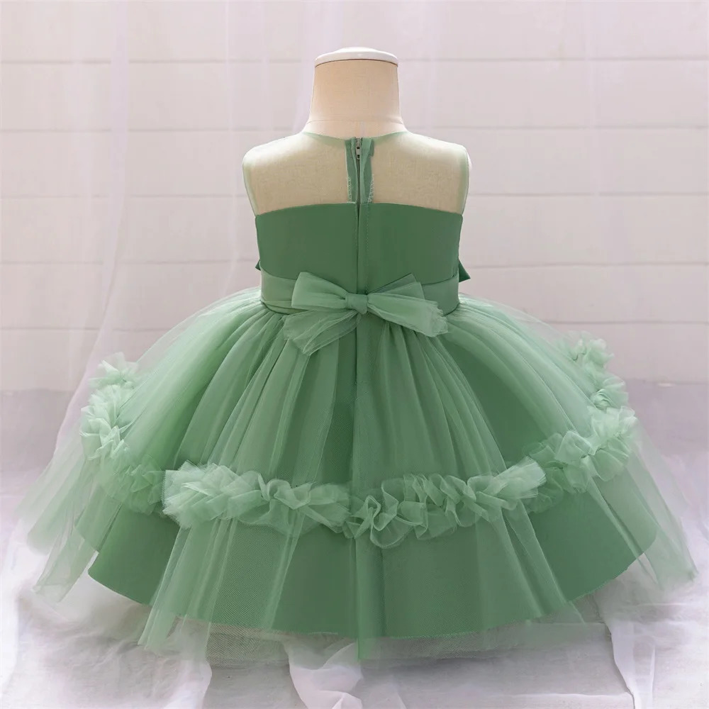 Baby Girls Summer Floral Green Tutu Dresses Kids Big Flower Wedding Party Dress Girl Fancy Birthday Baptism Clothes Princes Gown 250102