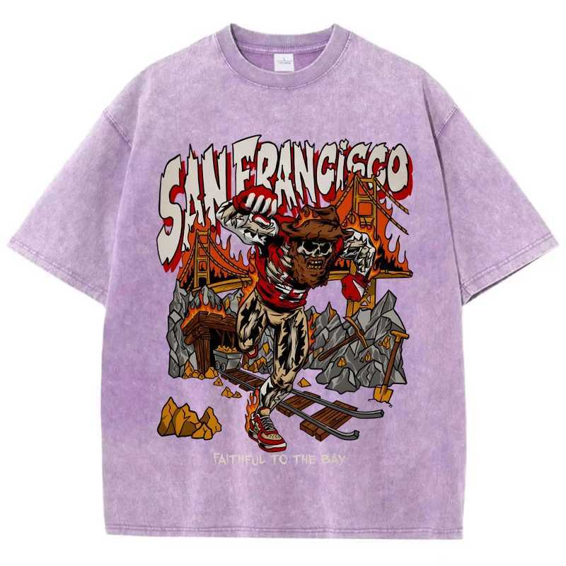 American Washed retro and worn out T-Shirt for men Women Loose Oversized Clothes San Francisco Skeleton Miner Graphic StreetwearXJ240102