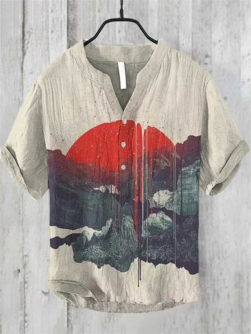 Spring and summer linen blend shirt stand alone casual cat print Hawaiian style printed shirt W250103