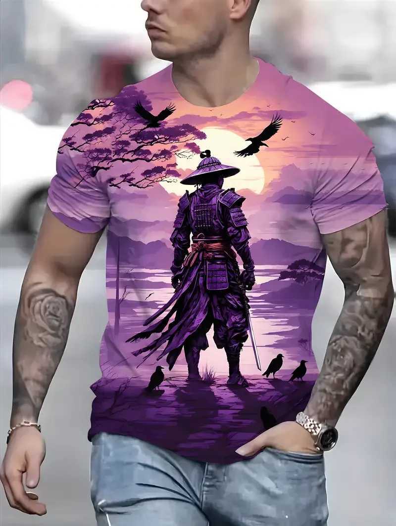 Samurai Mens T-shirt Soldier Print O Neck Short Sleeve Casual Anime Pullover Streetwear Outdoor Male Tee Top Oversized ClothingXJ240102
