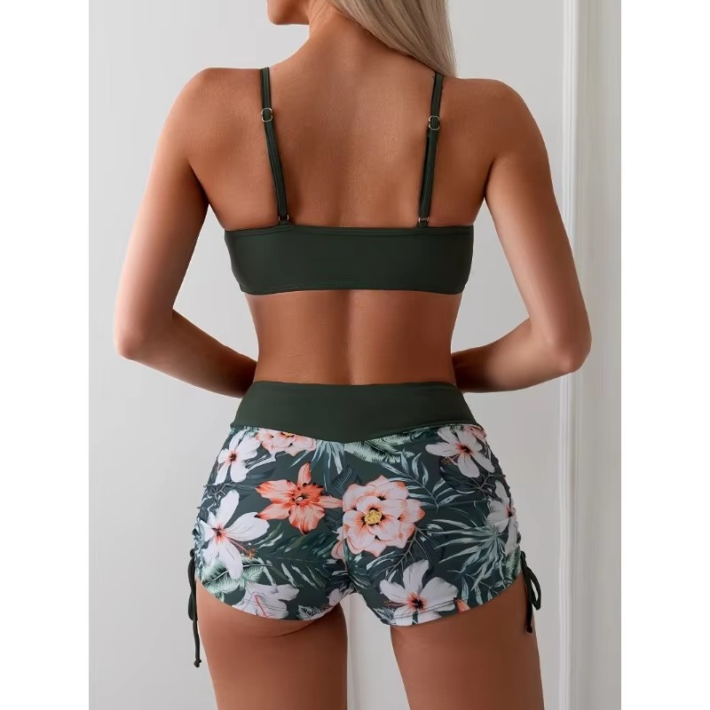 2025 High Waist Bikini Set Women Swimwear Adjustable Strap Vest Bra Girl Tropical Print Shorts Brazilian Bikinis Swimsuit Lady Bathing Suit Drawstring