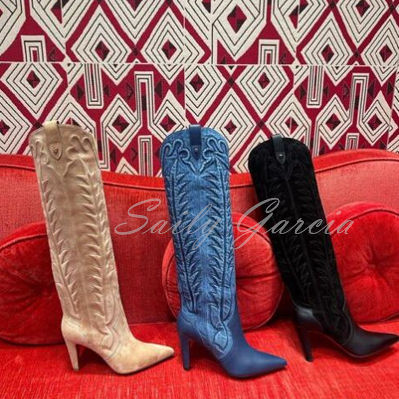 Brown Suede Crystal Beaded Knee High Boot Women Pointy Toe Embroidery Stiletto Heel Slip On Designer Brand Winter Trendy Booties