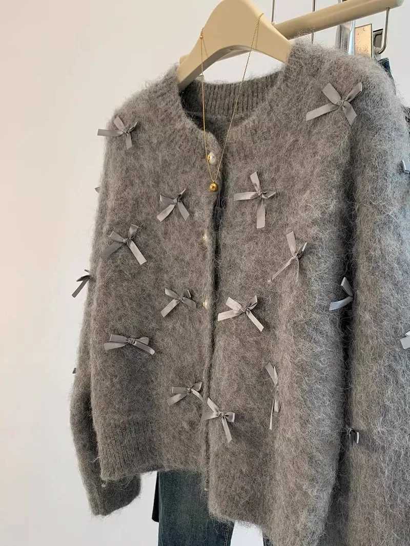 Grey bow sweater Autumn/Winter Womens high temperature soft Mohair knitted cardigan perfume coat casual top M250102