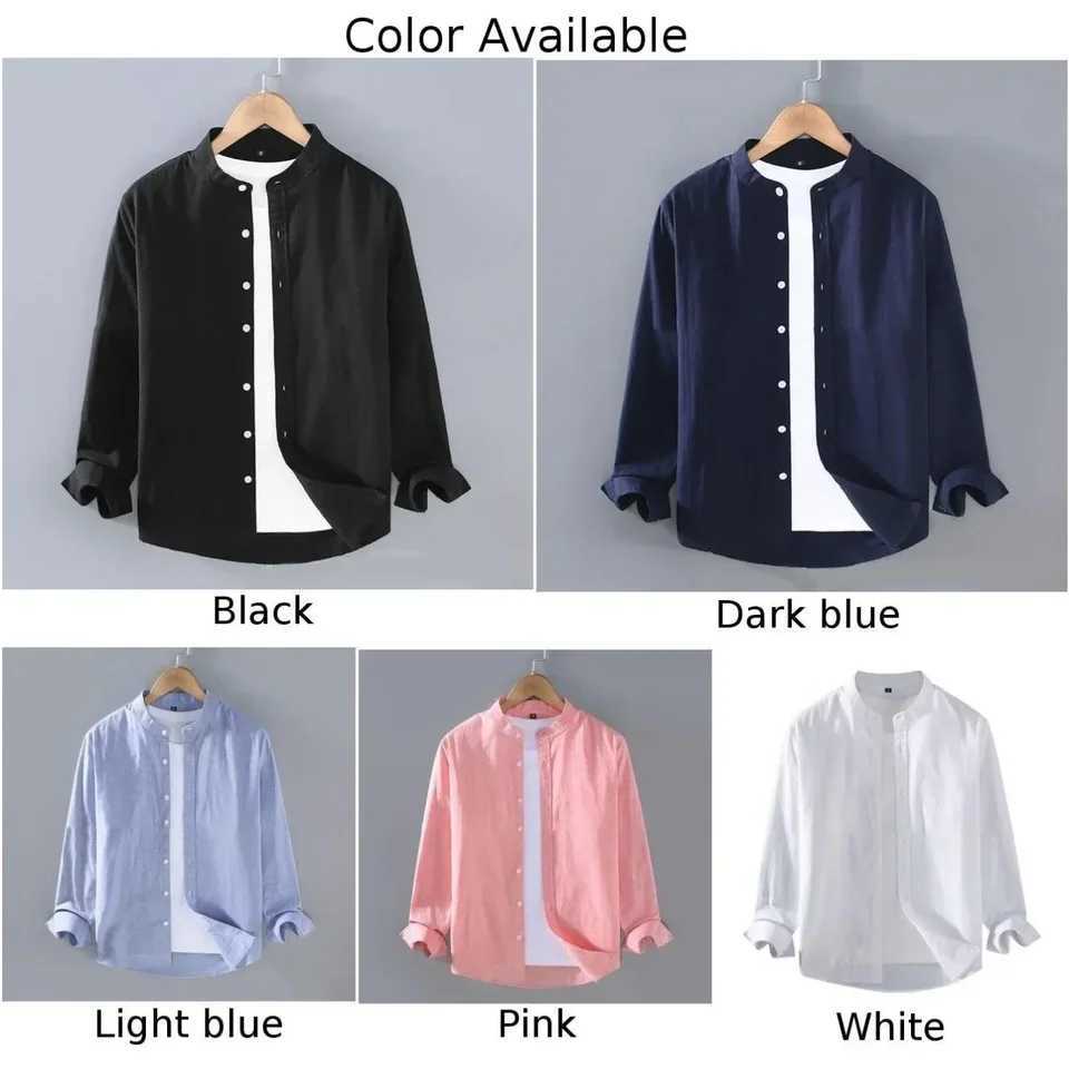 Mens linen shirt stand up collar long sleeved Henry white soft black comfortable simple spring/summer mens shirt solid color W250103