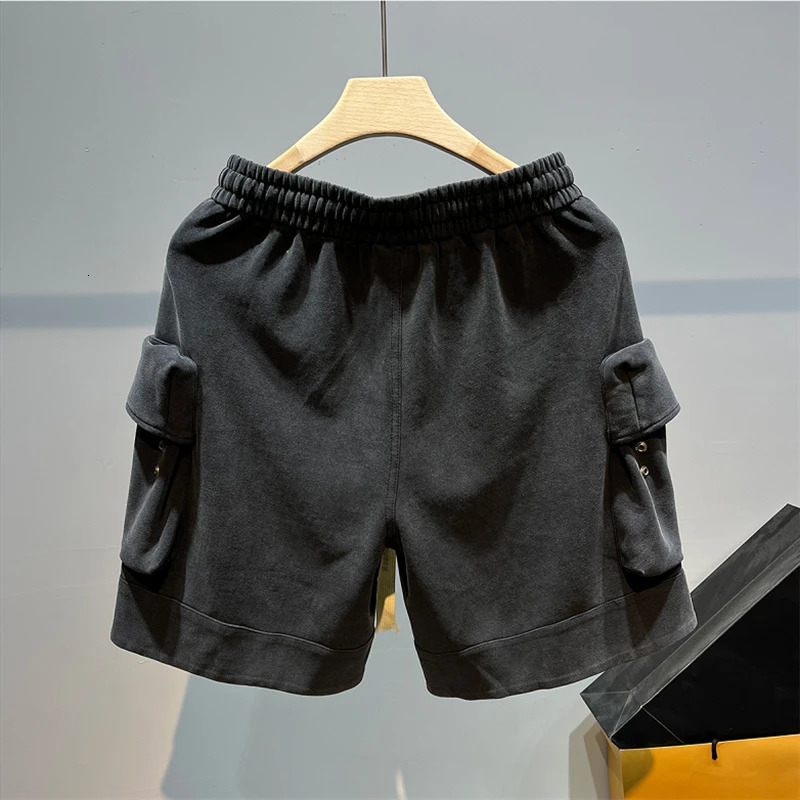Mens Trendy American Retro High Street Pockets Sports Shorts Summer Casual Drawstring Black Loose Straight Shorts 241230