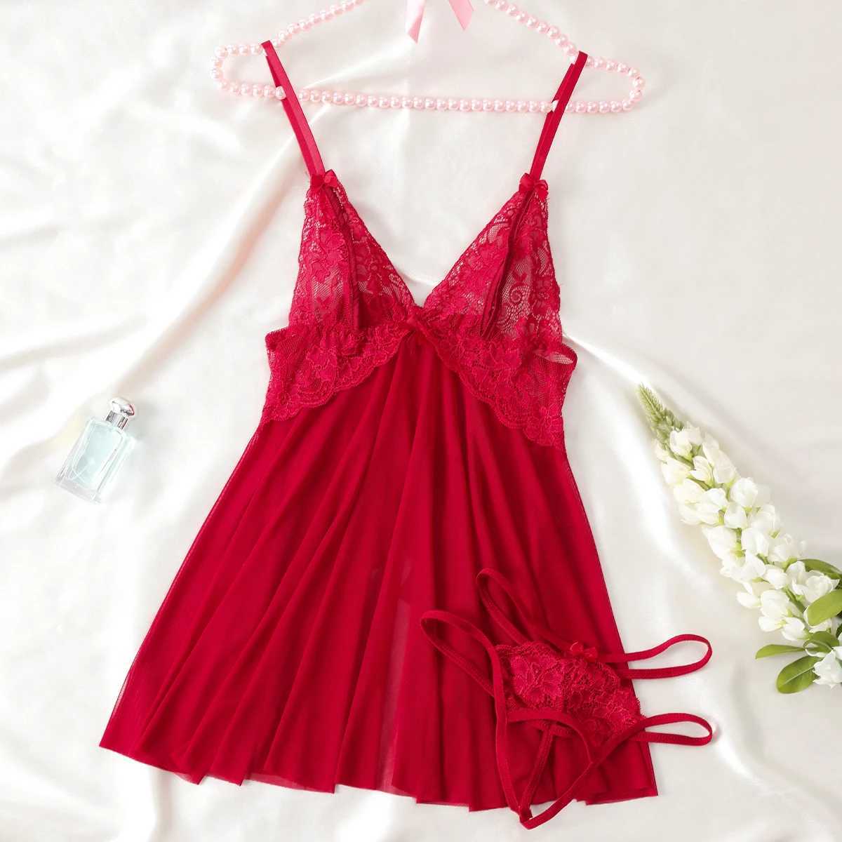 New Erotic Pajama Set Lace Womens Pajamas Exotic Cotumes Babydoll Transparent Dress Sexy Underwear Hot Evening Dress Open Bra W250103
