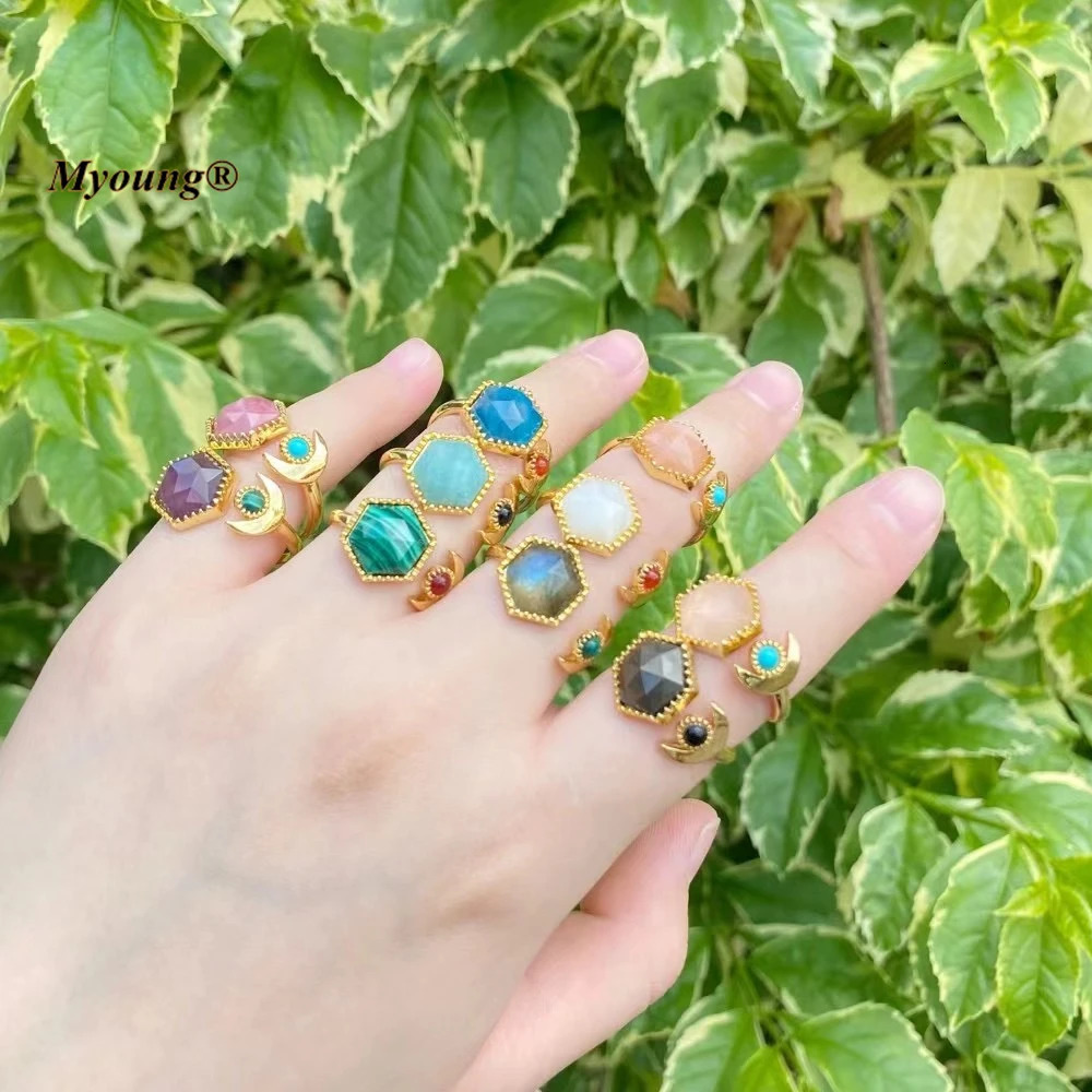 10 Exquisite Hexagonal Natural Gemstone Labrador Amethyst Adjustable Gold Rings for Women MY220825 250102