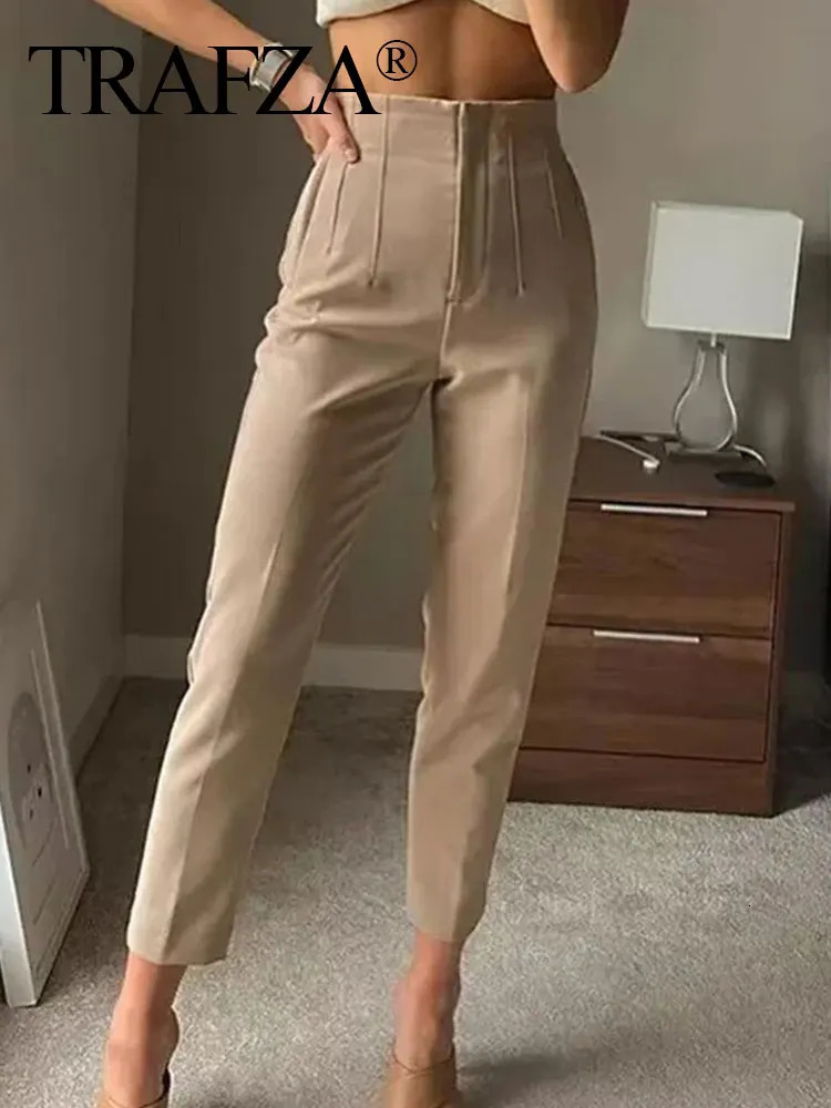 TRAFZA Woman Solid Trouser High Waist Slim Zipper Fly Long Pants Female Wild Commute Office Lady Pencil Pant Street 250102