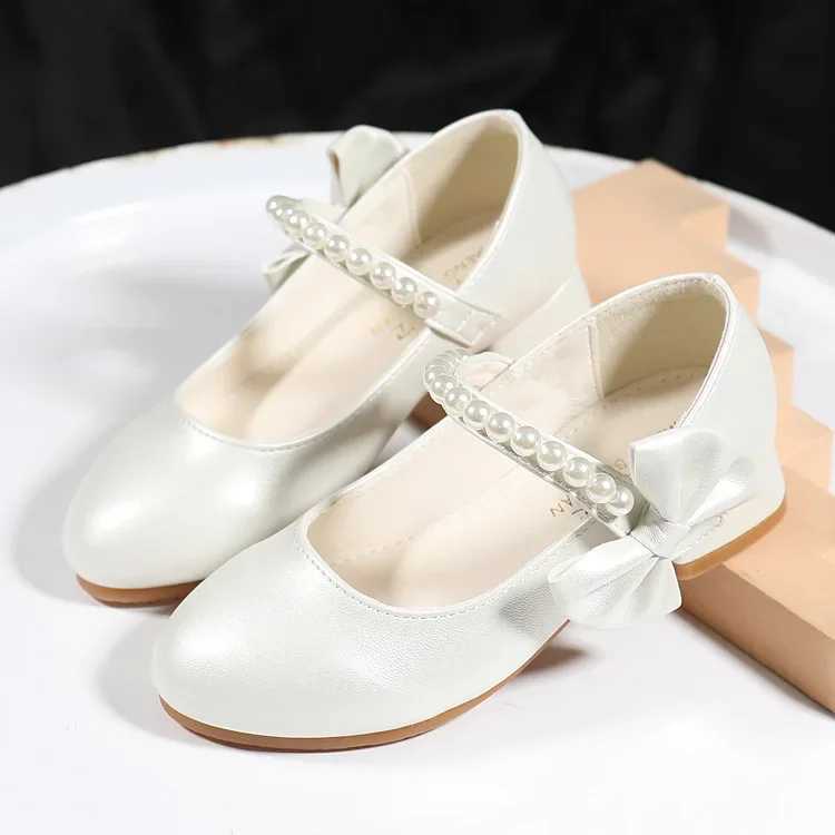 Childrens shoes pearl white girl leather shoes white bow spring and autumn childrens high heels princess performance shoes M250103