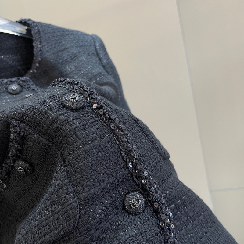 Black Small Fragrance Women Coat Spring Autumn Dark Weave Classic French Slim Tweed High Quality Long Sleeve Lady Jacket