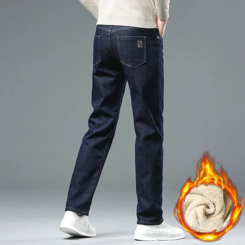 Winter Warm Fleece Jeans Men Straight Stretch Thick Casual Thermal Denim Pants Male Business Work Trousers Men Clothing 241230