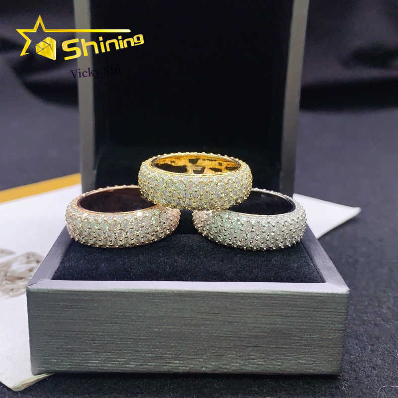 Shining full of diamond 5 rows moissanite diamond ring men 925 sterling silver gold plated hip hop ring finger rings
