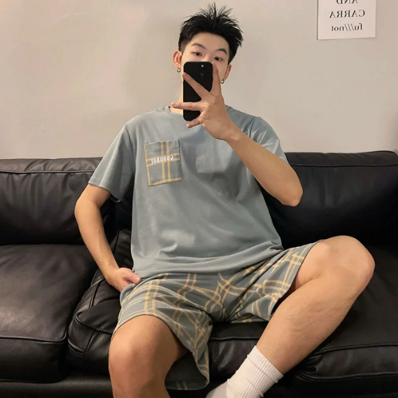 HighQuality Cotton Large Size Men Pajamas ONeck Youth Student Nightwear Homewear Simple Letters Striped Sleepwear Loungewear 250103