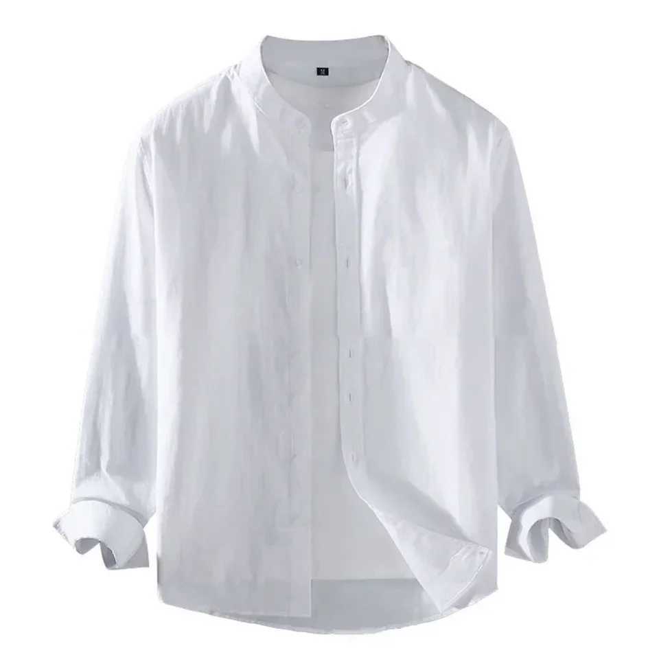 Mens linen shirt stand up collar long sleeved Henry white soft black comfortable simple spring/summer mens shirt solid color W250103