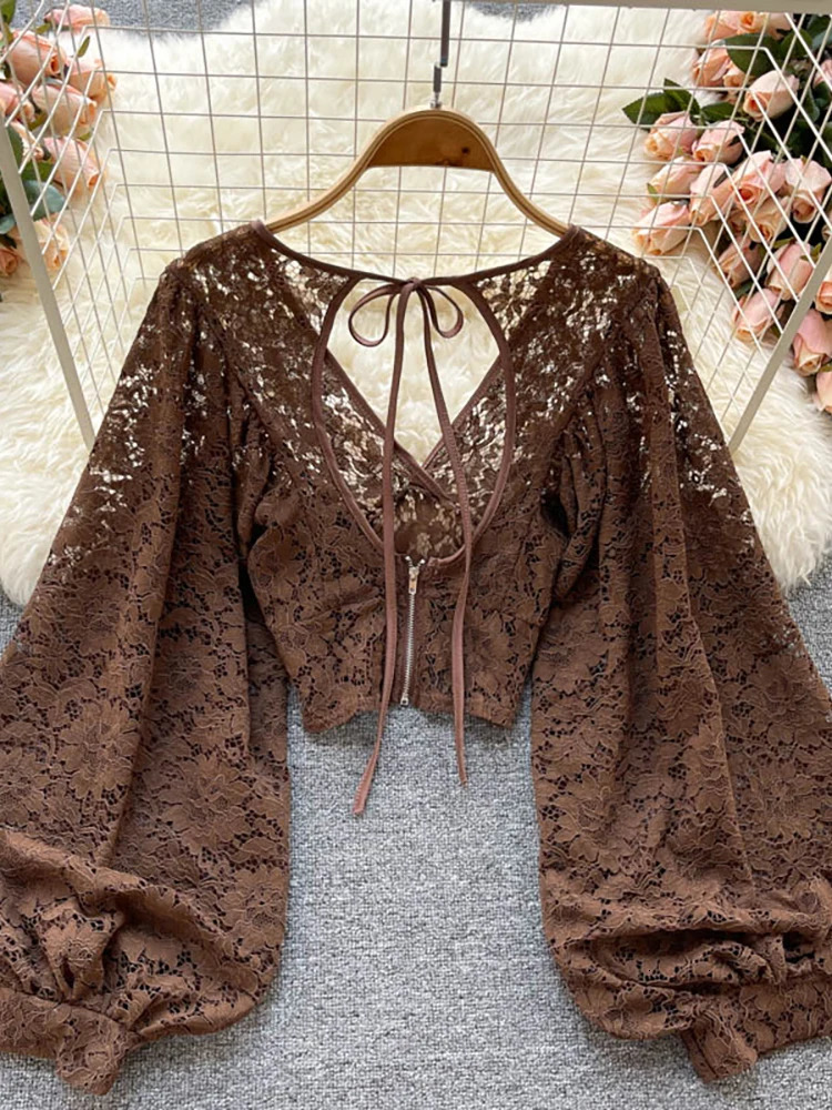 Autumn Black/White/Brown Sexy Lace Shirt Womens Elegant V-neck Puff Long Sleeve Open Short Top Womens Party Blusas 250102