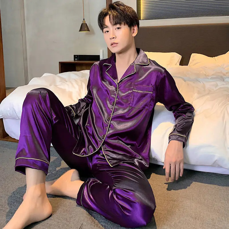 Men Pajama Sets Silk Satin Sleepwear For Man Shirt Long Sleeve Pyjama Male Fashion Soft Home Night Wear Big Size Loungewear 250103