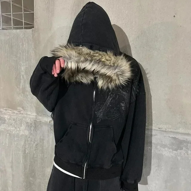 Winter Men Fashionable Fur Collar Hat Hoodie Y2k Street Retro Warm Cardigan Loose Hoodie Street Skull Print Zipper Sweatshirt 241231