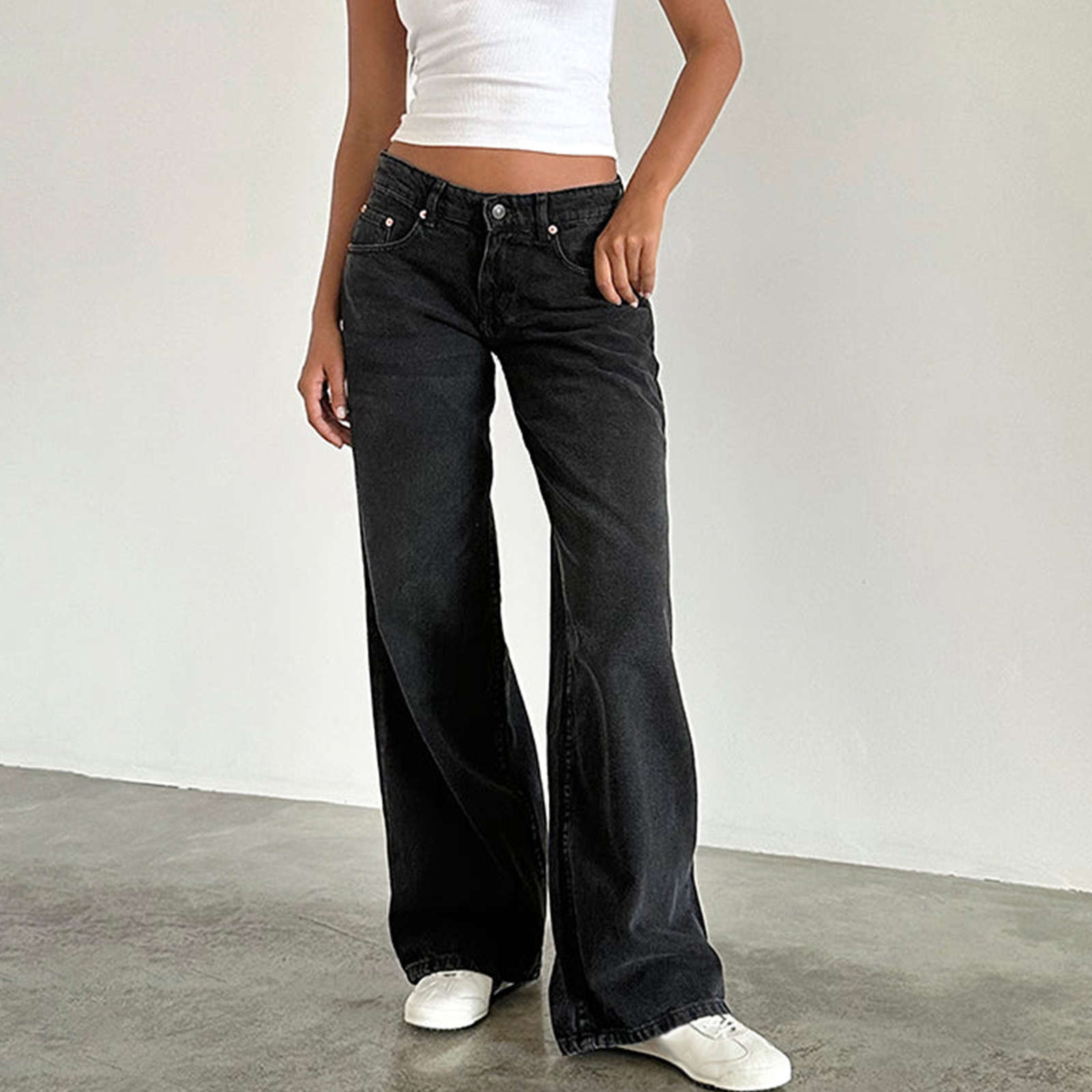 Y2K Baggy for Women Trendy Low Rise Casual Straight Leg Boyfriend Jeans Denim Pants with Pocket Streetwear