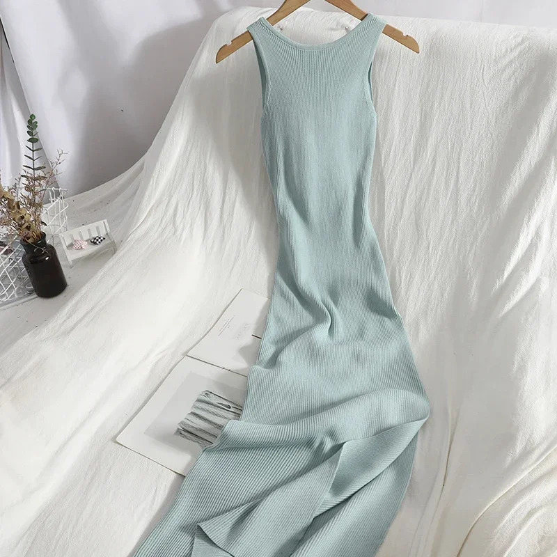 OCEANLOVE Korean Knitted Robe Femme Summer V Neck Sleeveless Kink Hollow Out Sexy Slim Bodycon Dress Split Fork Long Vestidos 250102