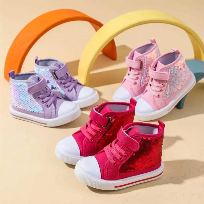 Autumn New GirlsShoes High Top Child Sneakers Trendy Sequins Canvas Shoe for Child Brand Comfortable Flat Sneakers Girl Tenis M250103