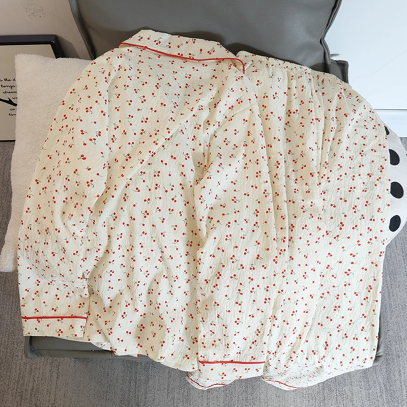 Autumn Cherries Pajama Sets for Women Faux Cotton Outfits Soft Lapel Cardigan 2 Piece Set Sweet Cute 250103