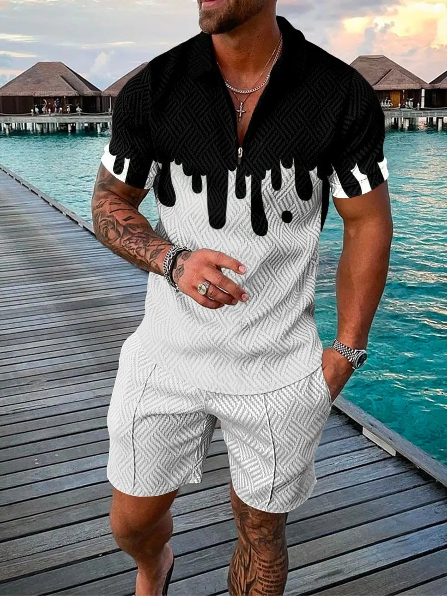 Men Sets Athleisure Short Sleeve Zipper Polo Shirt Shorts Set 2 Piece Set Summer Mens Fashion Short Sleeve Polo Shirt Shorts 250102