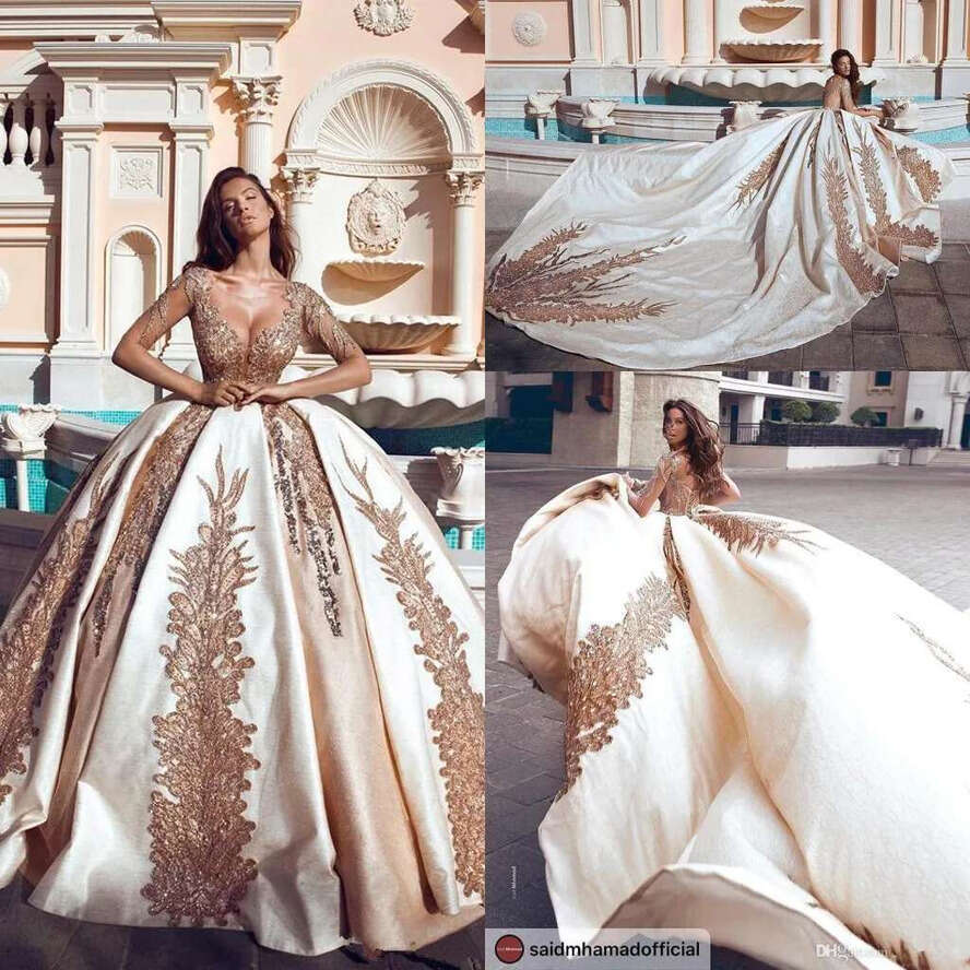 Arabic Satin Ball Gown Dresses V Neck Illusion Long Sleeves Lace Applique Chapel Train Wedding Bridal Gowns Bc1383