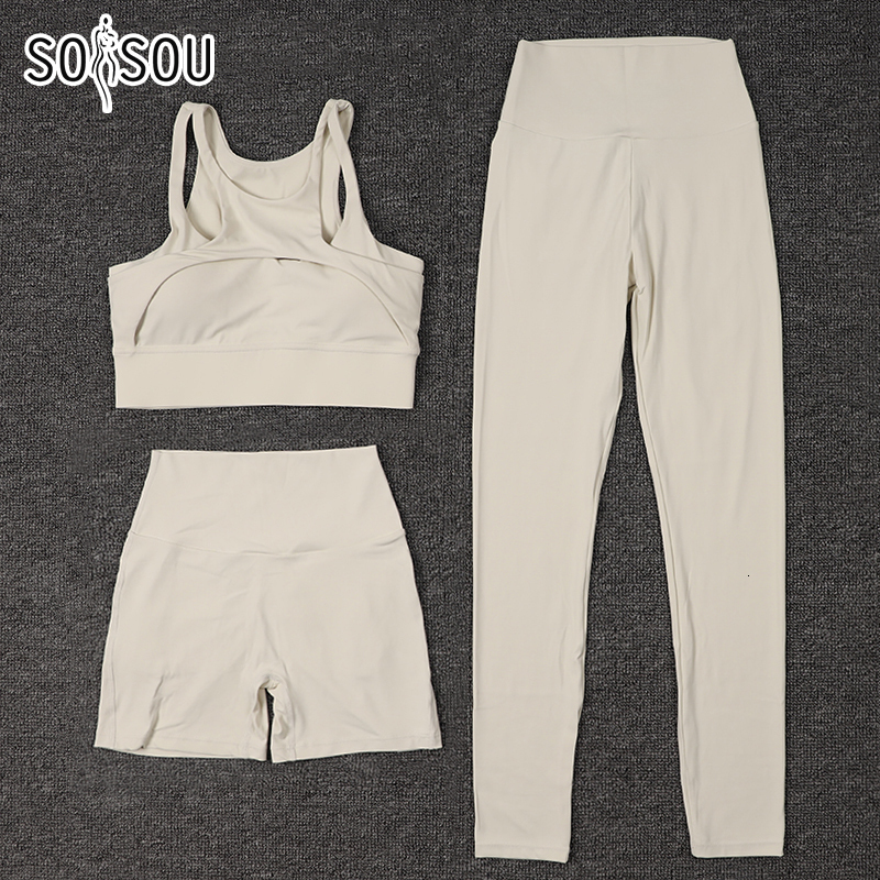 SOISOU Nylon Womens Clothing Gym Yoga Set Fiess Sportswear Sports Suit Bra Leggings Women's Pants Shorts Elastic Tight Fit